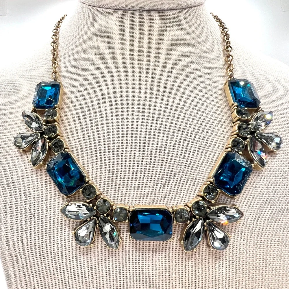 J.Crew Blue Smoky Grey Crystal Statement Bib Necklace Antiqued Brass Tone 18